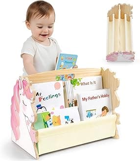 Toddler Bookshelf Double-Sided with 4 Tier Deep Sleeves Kids Wooden Montessori Book Rack for Baby Nursery Room, Playroom, Classroom or Bedroom Bookcase Storage Organizer, Pink Unicorn