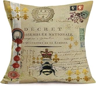 Fukeen Throw Pillow Covers Vintage French Queen Honey Bee with Crown Decorative Pillow Cases Retro Stamp Lettering Background Home Living Room Decor Cotton Linen 18”x18” Cushion Cover Pillowslip