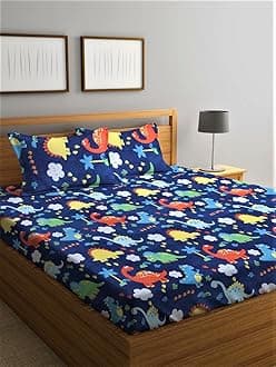 Home Sizzler 144 TC Microfibre Kid's Jungle Blue Double Bedsheet with 2 King Size Pillow Covers