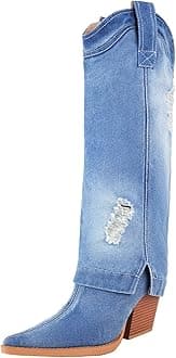 Cowboy Boots for Women Embroidery Western Cowgirl Knee High Chunky Heel Boots with Pull-Up Tabs