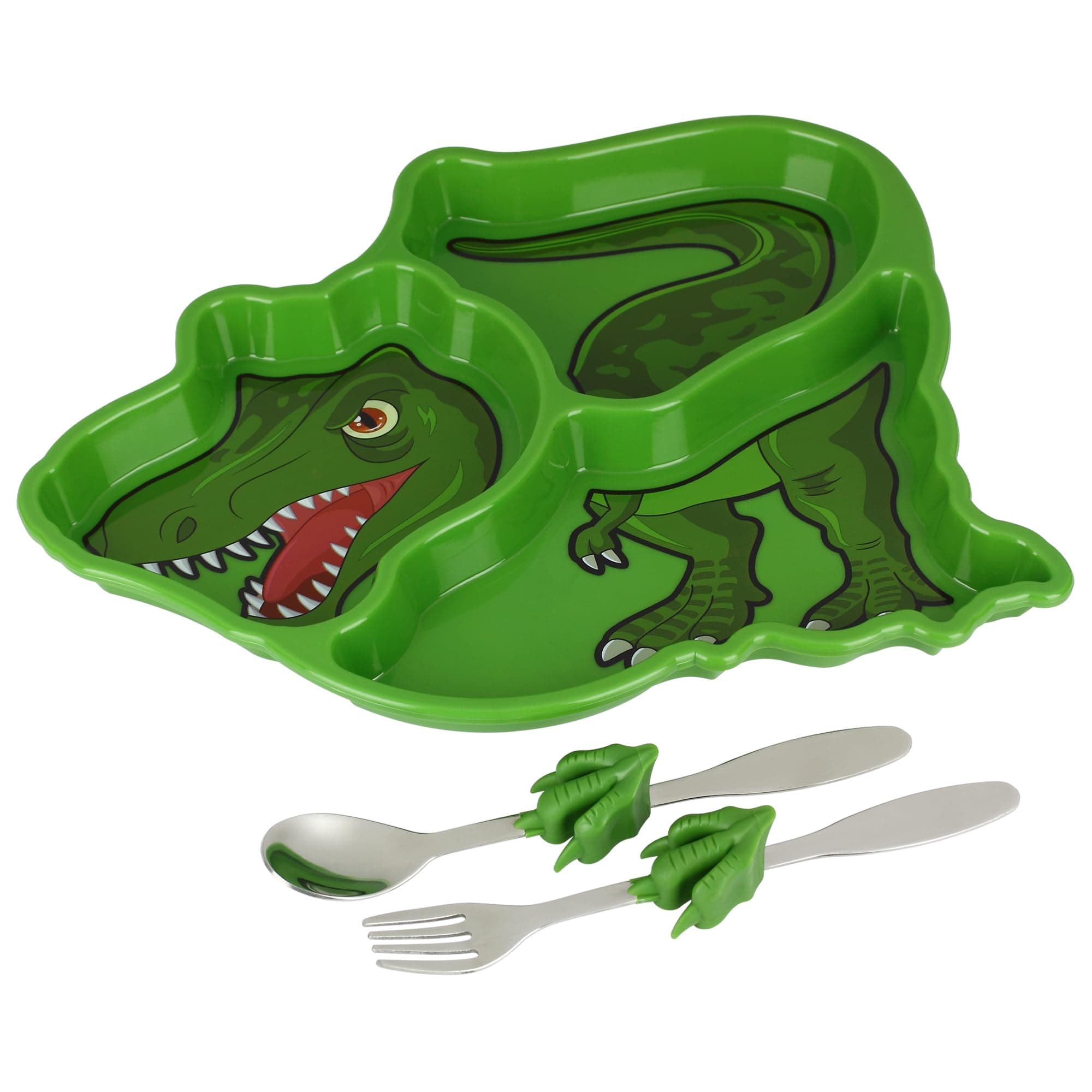 T-Rex Dinosaur Me Time Meal Set, Portion Control Divided Plate with Fork and Spoon for Kids