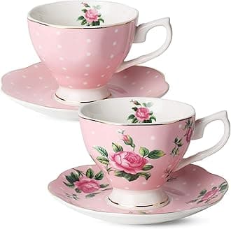 BTaT- Floral Tea Cups and Saucers, Set of 2, 8 oz, Fine Porcelain Teacup Set with Gold Trim for Afternoon Tea, Weddings, Parties & Gifting, Dishwasher Safe, Lightweight, Non-Toxic, Mothers Day Gift