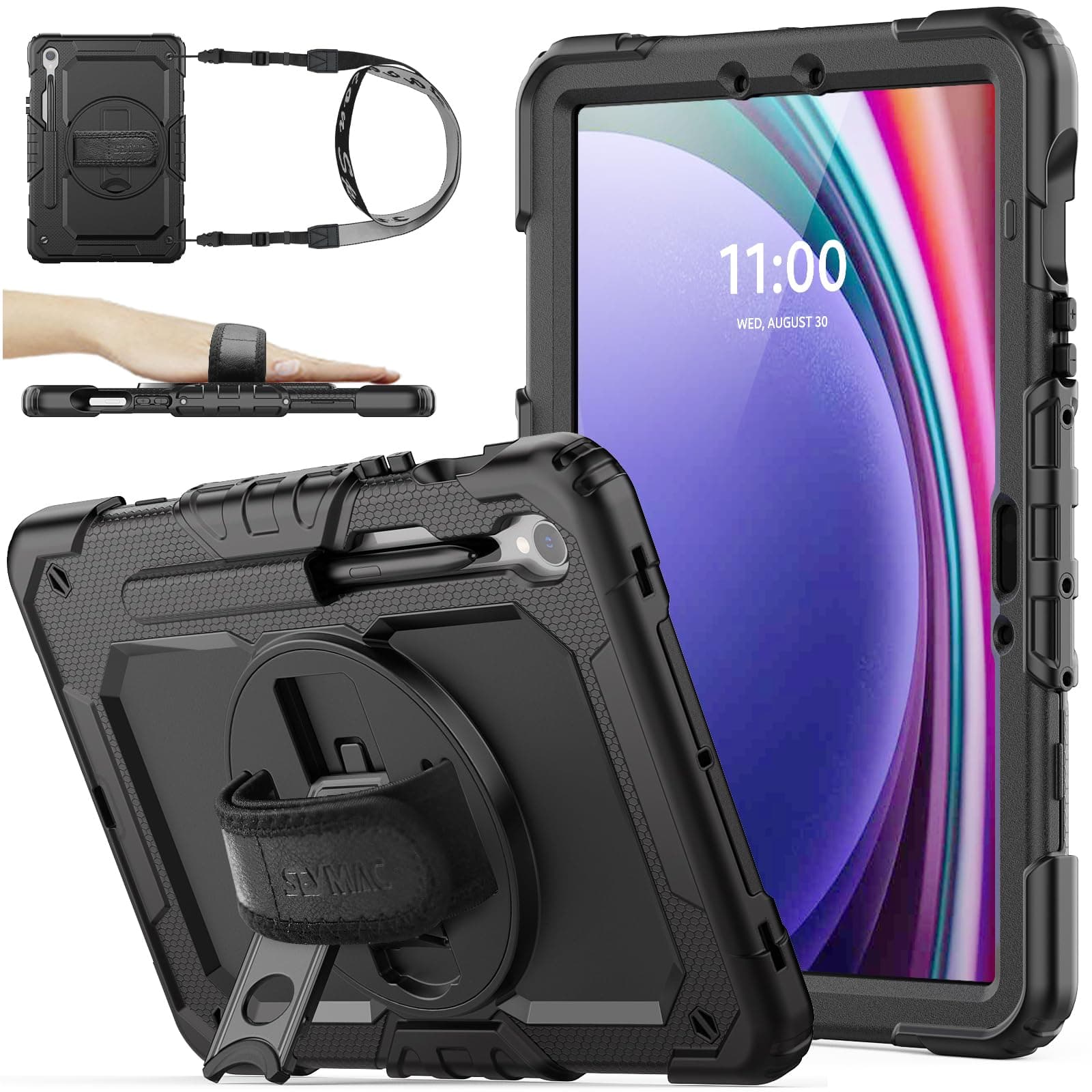SEYMAC stock Case for Samsung Galaxy Tab S10 Lite / S10 FE / S9 FE 5G / S9 Tablet Case 10.9''/ 11'' Protective with Screen Protector, Pen Holder, 360 Rotate Stand, Hand Strap, Shoulder Strap, Black1