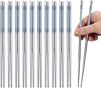 10 Pairs Stainless Steel Chopsticks Dishwasher Safe - 22.4cm/8.82'' Reusable Metal Non-slip Chopstick, Blue & White Pattern Chinese Style Chop Sticks