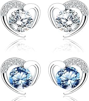 Silver Stud Earrings for Women, Stud Earrings White Gold Cubic Zirconia Heart Studs│Dainty Earrings Jewellery Gifts for Girls