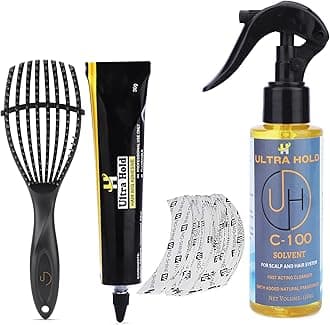 UltraHold DIY Styling Kit – No Shine Wig Tape (36 Pcs), C100 Solvent (118ml), Waterproof Glue Tube (30g) & Detangler Brush | Hair Patch & Wig Care for Men & Women | Strong Hold & Easy Maintenance