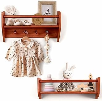 BINGY Nursery Book Shelves - Set of 2 Nursery Wall Shelves with Hooks for Clothes - 2-Tier Nursery Bookshelves Made from Solid Wood - 15.71" x 4.8" x 5.5" - Chestnut
