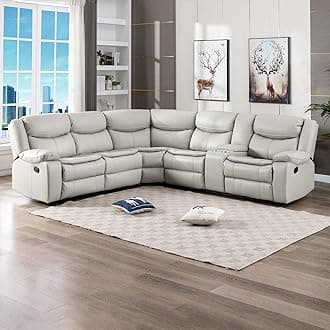 Familymill L-Shaped Breathable Leather Manual Reclining Sectional Sofa Sets for Living Room and Bedroom, Cream