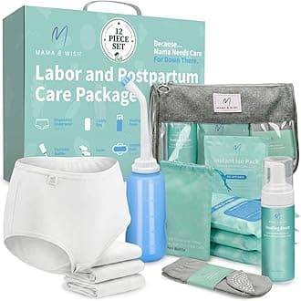 Mama & Wish Postpartum Essentials Kit for Mom -Post Partum Care Kit for Labor and Delivery with Hospital Essentials for Women After Birth- Includes Peri Bottle, Witch Hazel, Gown, Underwear and More!