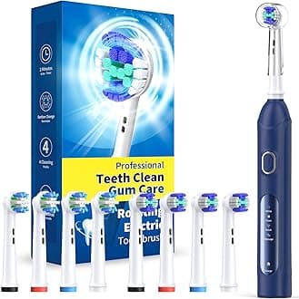 Rotating Electric Toothbrush for Adults with 8 Brush Heads (2 Types), 4 Modes Deep Clean Electric Toothbrush with Rechargeable Power and 2 Min Smart Timer Deepblue