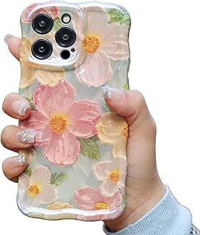 Cute Case for iPhone 14 Pro Max, Colorful Retro Oil Painting Printed Flowers Case, Fashion TPU Laser Beam Glossy Pattern Curly Waves Frame Shockproof Protective Cover for Girls Women