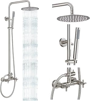 gotonovo Outdoor Shower Fixtures SUS304 Stainless Steel Rain Shower Kit Faucet High Pressure Wall Mount 2 Dual Function 8 Inch Showerhead and Handheld Spray Combo, Double Cross Handle, Brushed Nickel