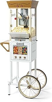 Vintage 8 Ounce Professional Popcorn and Dispensing Cart, Makes Up to 32 Cups, Three Storage Dispensers for Kernels, Candy, Nuts, Chocolate, Measuring Spoons and Scoop Included