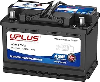 UPLUS BCI Group 48 Car Battery, AGM-L70-M Maintenance Free 12V 70Ah Premium AGM Batteries H6 L3 Automotive Battery, 760CCA, 120RC