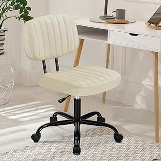 DUMOS Armless Home Office Desk Chair - Small Ergonomic with Low Back Lumbar Support, Height Adjustable PU Leather Computer Task with 360° Swivel Rolling Wheels, for Small Space, Beige White