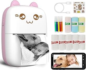 Mini Printer Portable, Inkless Sticker printer with 8 Rolls Paper, Bluetooth Wireless mini thermal printer Compatible with iOS + Android for Journal, Memo, Photo, Print Pod Gifts for Girls Kids (Pink)