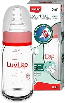 LuvLap Essential Slim Neck Glass Feeding Bottle, 125ml, 0m+/Babies Upto 3 Years, Made of Borosilicate Glass, BPA Free, Ergonomic Shape is Easy to Hold, with Anti Colic Nipple, White & Red, Pack of 1