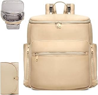 Diaper Bag Backpack, Neoprene Bag Backpack, Large Diaper Backpack with 16 Diaper Bag Organizers, 4 Insulated Pockets, Lighweight Travel Baby Bag with Changing Pad for Mom & Dad, Apricot