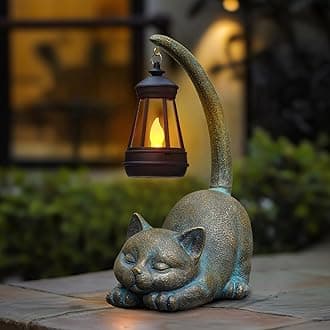 Solar Garden Statue Cat with Solar Lantern, Bronze
