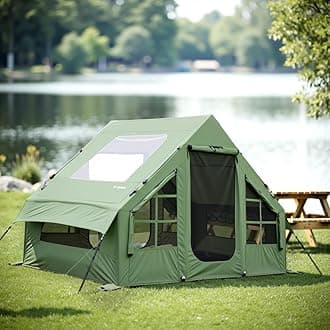 Inflatable Tent for Camping with Hand Pump Blow Up Tent Glamping 4 Season Air, Easy Setup Waterproof Outdoor Oxford Army Green 4-6 Person House Breathable Large Luxury