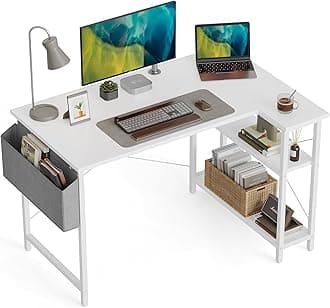 CubiCubi 100 cm Small L Shaped Computer Desk with Storage Shelves Home Office Corner Desk Study Writing Table, White