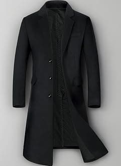 YOUTHUP Mens Winter Coat Slim Fit Wool Overcoat Knee-Length Elegant Trench Coat Business Peacoat, Black-Thick, S