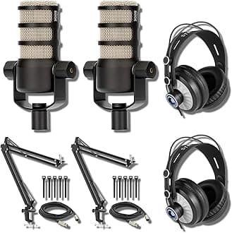 StreamEye Rode PodMic Dynamic Podcast Microphone (Pair) with BOOMARM Mic Arms, Over-Ear Podcast Headphones, XLR Cables and Polishing Cloth