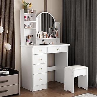 ECACAD Vanity Desk Set with Round Mirror, Makeup Dressing Table with 5 Drawers, Storage Shelves & Cushioned Stool for Bedroom, White