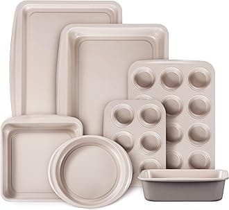 9-Piece Nonstick Stackable Baking Pans Set - Bakeware Sets Including Cookie Sheets, Muffin Pan, Bread Pan, Cake Pan, Loaf Pan, Roasting Pan, Gray & Khaki
