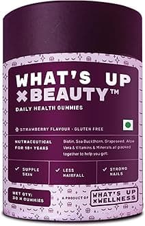 What's Up Wellness Beauty Gummies I Gummies for Strong Hair, Nails & Good Skin I Biotin, Vitamins A to E, Folic Acid. Zinc, Aloe Vera, Sea Buckhorn & Grapeseed I 1 Month Supply - 30 Gummies