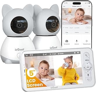 Baby Monitor with 2 Cameras, 5" Large Screen Split-Screen Video Baby Monitor | 2K HD Non-WiFi Monitor with App & Parent Unit | Night Vision, 2-Way Audio, Cry Detection, Temperature Sensor