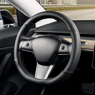 Flat Bottom Steering Wheel Cover, D Shaped Car Wheel Cover 14 1/2-15 in. (37-39 cm), Black Microfiber Leather