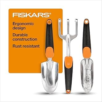 Fiskars 3-in-1 Garden Tool Set, Polished Cast-Aluminum Heads for Rust Resistance, Heavy-Duty Trowel, Transplanter & Cultivator for Digging and Planting, Non-Slip SoftGrip Handles Reduce Fatigue