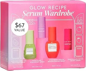 Glow Recipe Serum Travel Size Skin Care Set - Avocado Ceramide Serum + Strawberry Smooth AHA BHA Serum + Plum Plump Hyaluronic Acid Serum + Pomegranate Peptide Firming Serum (4 Count)