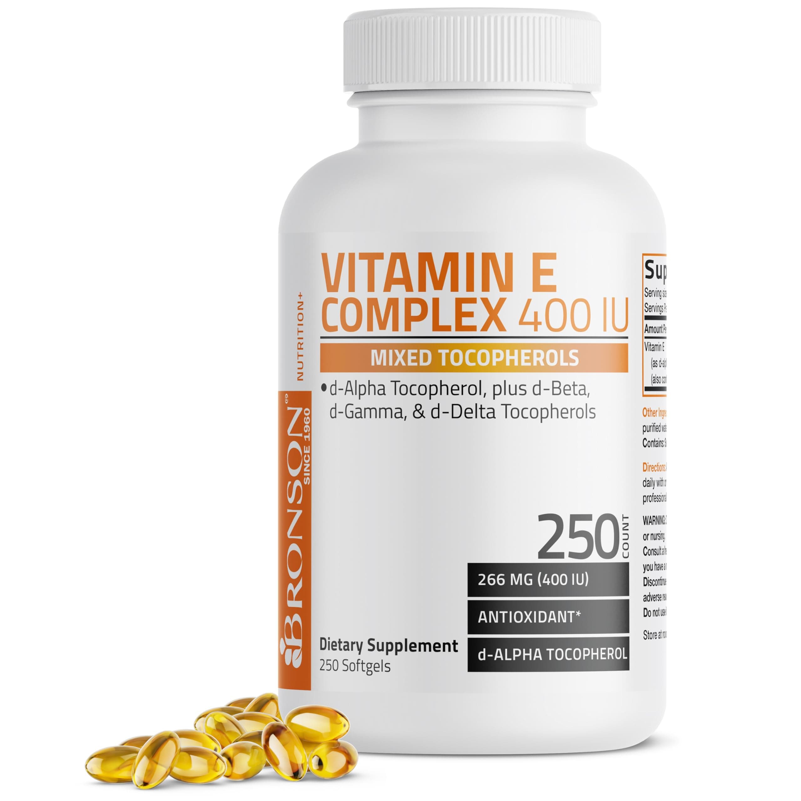Natural Vitamin E Complex Supplement 400 I.U. (80% D-Alpha Tocopherol), Natural Antioxidant Helps Protects Against Free Radicals, 250 Softgels