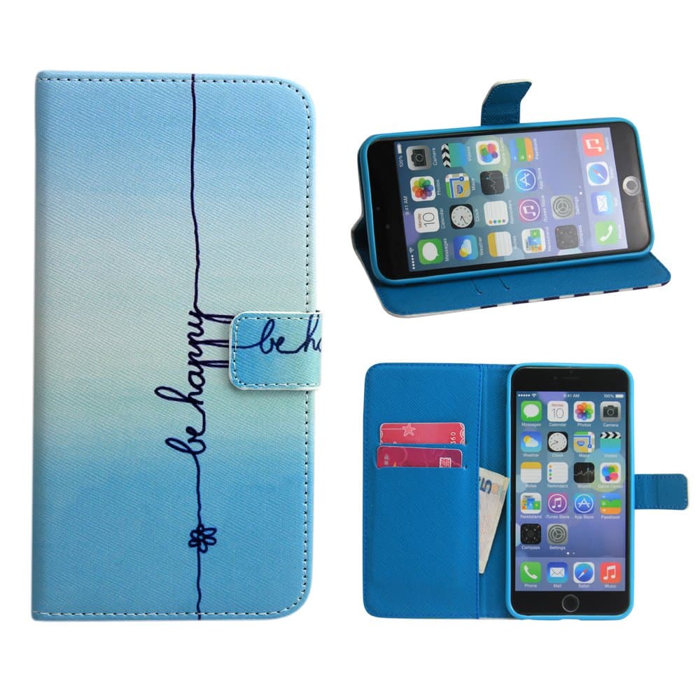 iPhone 6 Case, Linkertech Blue behappy Strit Line Apple iPhone 6 Wallet Case[Shock-absorption], Pu Leather Wallet Card Holder Pouch Flip Case Cover with Stand Function for iPhone 6 4.7 Inch Version (010)