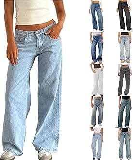 GenericWomen's Y2K Baggy Jeans Trendy Low Rise Jeans Casual Straight Leg Jeans Loose Boyfriend Denim Pants Fall Outfits
