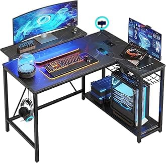 Bestier Gaming Desk with Power Outlets, 42" L-Shaped Gaming Desk with LED Lights, Desk with Reversible Storage Shelves & Hooks for Small Spaces, Bedrooms & Offices, Marble Black