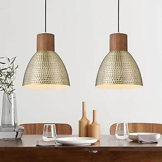 ELYONA 2 Pack Hammered Pendant Light Fixtures, 10.2" Vintage Metal Solid Wood Hanging Bar Lamp, Mid Century Antique Gold Pendant Lights for Kitchen Island, Farmhouse, Dining Room, Brushed Brass
