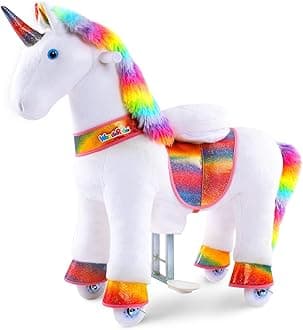 Ride on Unicorn Horse Rainbow Pony Cycle Toy, 30.1 Inch Height Riding Pony Unicorn Toy Plush Rocking Mechanical Walking Animal with Wheels No Battery Size 3 for Kids 3-4 Years M332
