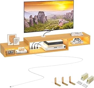 FABATO 59'' Floating TV Stand with LED Light Power Outlet, Floating Shelf for Under TV Wall Mount with Storage Shelf, Media Console Entertainment Center for Living Room, Natural Wood