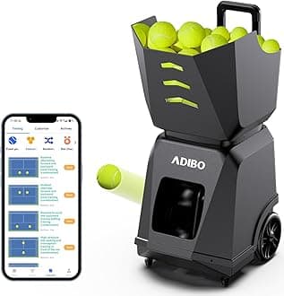 ADIBO Tennis Ball Machine, Internal Oscillation, Authentic Programming, Dual Motors with Topspin & Backspin, 160+ Balls, 6-Hour Non-Stop Runtime, Stable Voltage Contro