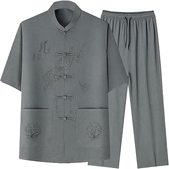 - Cambkatl Men's Dragon Embroidered Tang Suit Chinese Traditional Mandarin Collar Kung Fu Shirts Short Sleeve Tai Chi Outfits