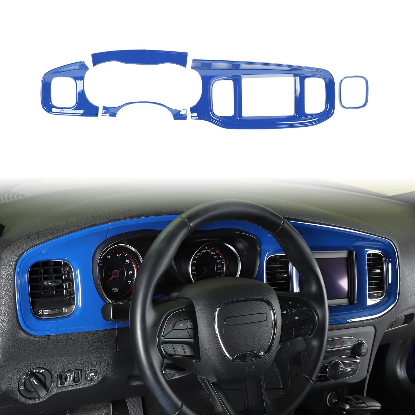 JWWY for Charger Center Consoles Dash Board Dashboard Instrument Gauge Cluster Dash Fascia Trim Panel Garnish Bezel for 2015-2026+ Dodge Charger Interior Accessories,ABS Blue 5pcs