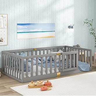 Tatub Twin Montessori Floor Bed with High Rails, Solid Wood Montessori Bed Frame for Kids, Door Can Install Left and Right, Twin-Grey