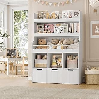 HITHOS 55.3" H Kids Bookshelf with Toy Storage Organizer, Tall Book Shelf with 3 Movable Toy Storage Bins, Large Kids Bookcase with Toy Chest, 39.2" W Modern Toy Box for Kid Room, Playroom, White