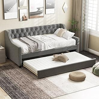COSTWAY Linen Upholstered Daybed with Trundle, Single Sofa Bed Frame with Button-Tufted Backrest and Wooden Slats Support, 2-in-1 Platform Day Bed for Bedroom Living Room (Grey)