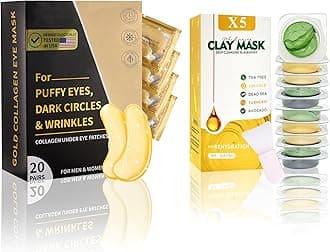 Clay Mask Set (10 Pods) Gold Eye Patches (20 Pairs), Mud Mask Deep Pore Cleansing Acne Blackhead Removal, Eye Patches for Puffy Eyes Dark Circles, Men & Women Facial Mask Eye Masks Skin Care.
