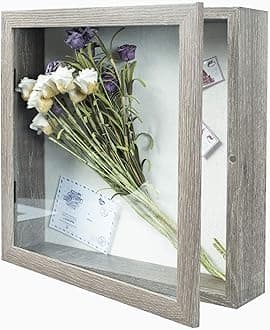 Muzilife 11x11 Shadow Box Picture Frame with Linen Board Wood Glass Deep Display Case Ready to Hang Memory Box Baby Sports Memorabilia, Awards, Medals, Wedding, Tickets, and Photos (Texture Gray)