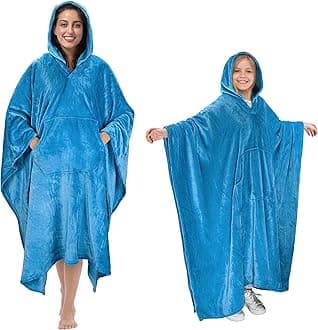 Tirrinia Hooded Poncho Blanket, Fleece Wearable Throw Wrap with Hood and Pocket, Warm Cozy Soft for Adult Women Men Kids, Indoor or Outdoor Aqua